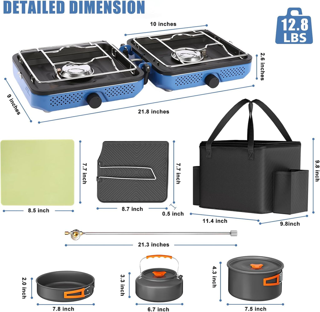 30,000 BTU 2-Burner Propane Camping Stove with Cookware Set & Carry Bag, Portable Foldable Gas Stove for Outdoor Cooking