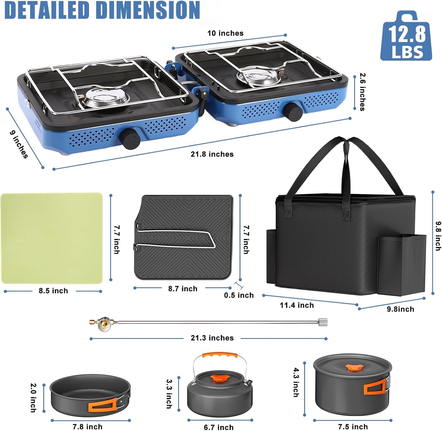 30,000 BTU 2-Burner Propane Camping Stove with Cookware Set & Carry Bag, Portable Foldable Gas Stove for Outdoor Cooking
