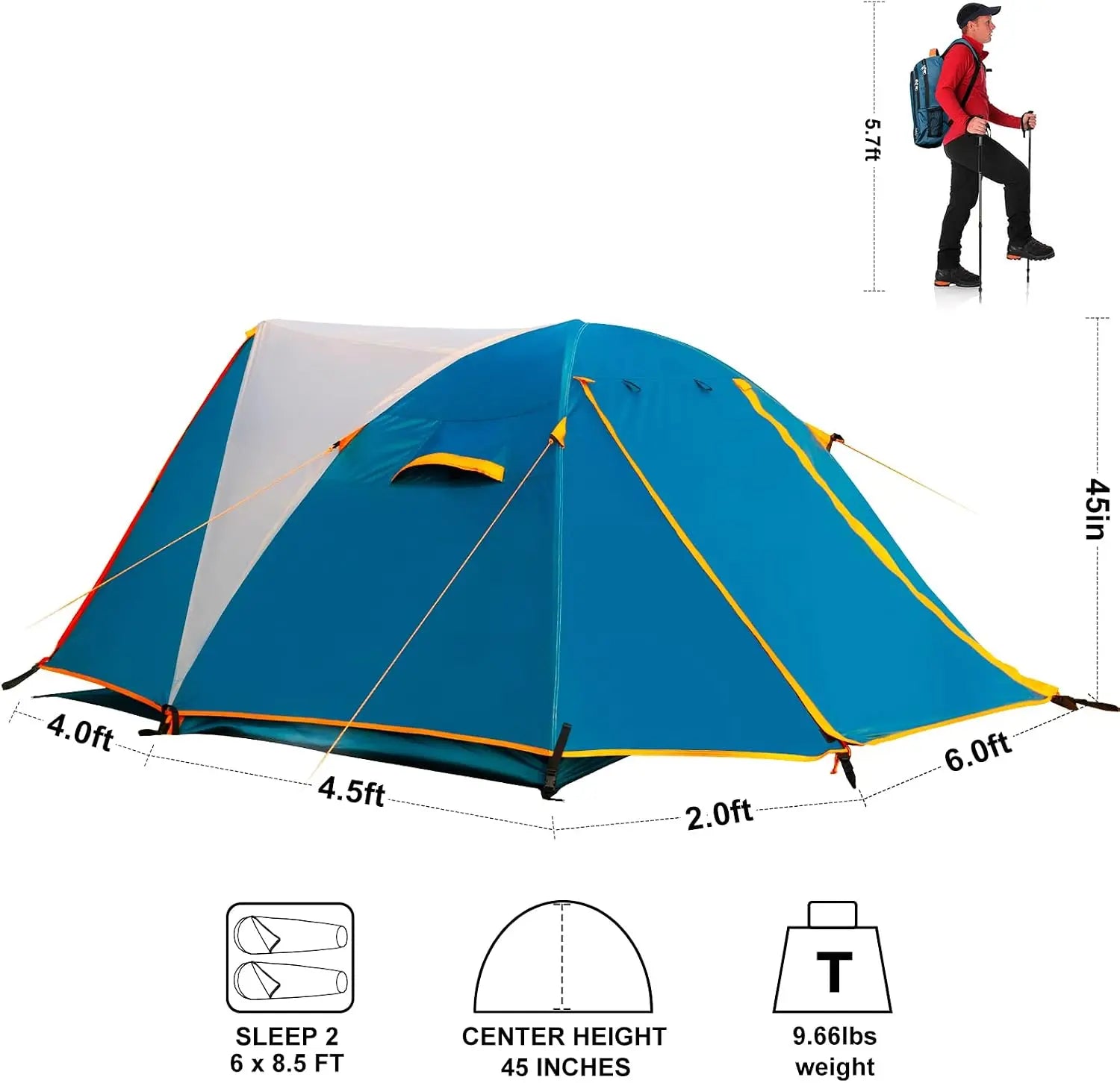 2 Person Camping Tent with Aluminum Poles & Bike Shed, Waterproof Dome Tent with Rainfly, Portable Lightweight Tent for Hiking, Backpacking & Outdoor Adventures
