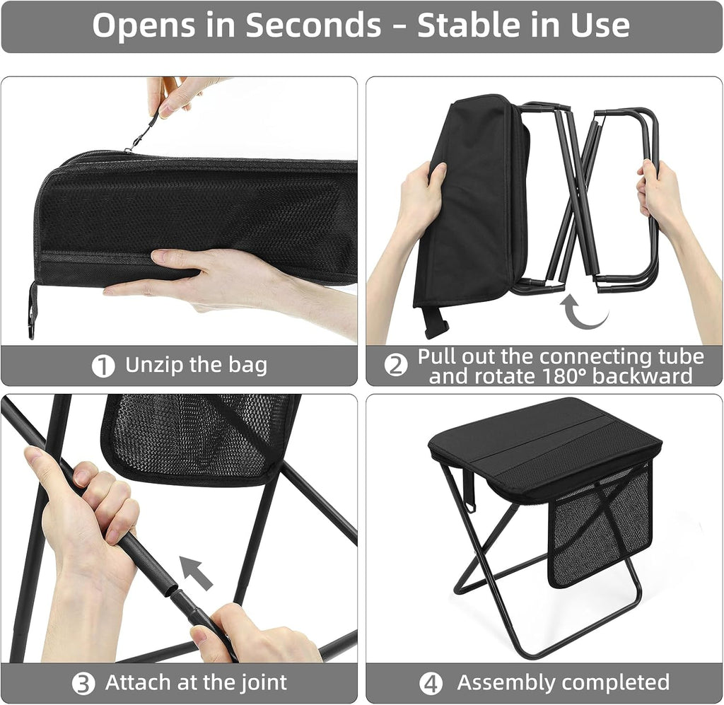 Portable Folding Camping Stool with Side Pocket, Lightweight Metal Frame, Tall Foldable Camping Chair for Adults, Compact Seat for Hiking, Fishing, Travel & Outdoor Use