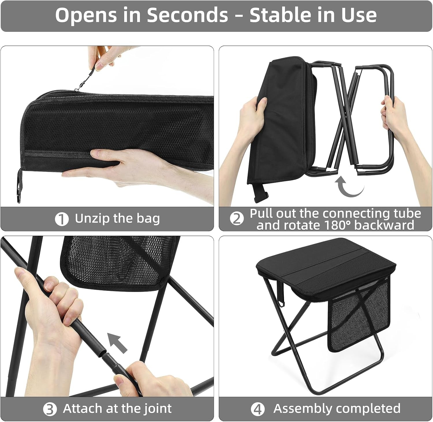 Portable Folding Camping Stool with Side Pocket, Lightweight Metal Frame, Tall Foldable Camping Chair for Adults, Compact Seat for Hiking, Fishing, Travel & Outdoor Use
