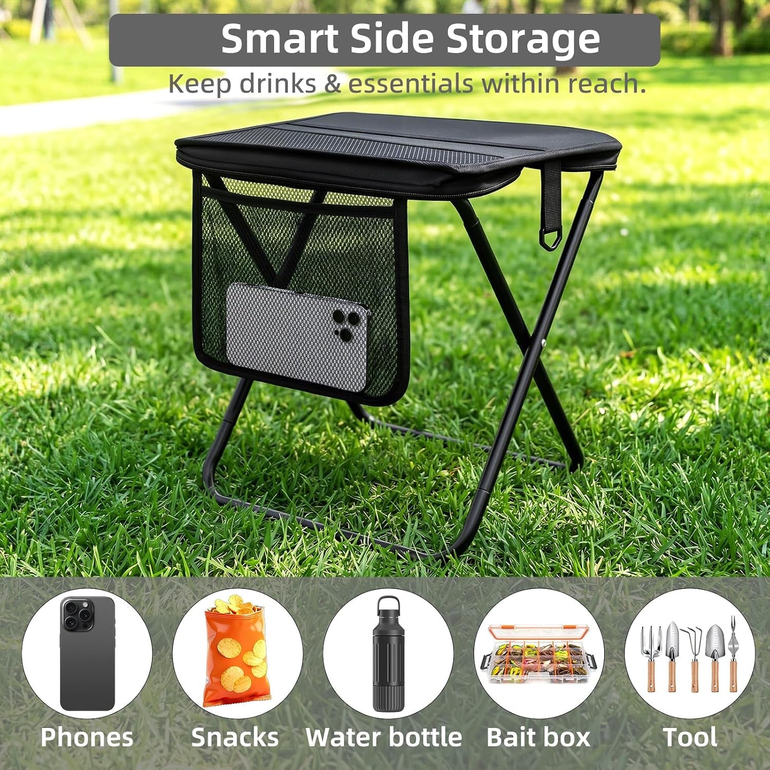 Portable Folding Camping Stool with Side Pocket, Lightweight Metal Frame, Tall Foldable Camping Chair for Adults, Compact Seat for Hiking, Fishing, Travel & Outdoor Use