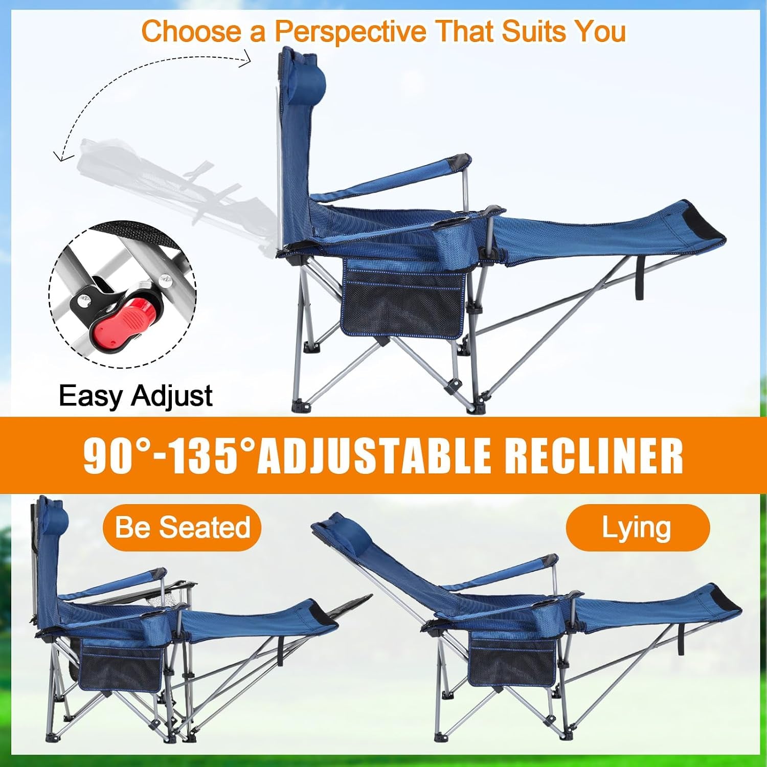 Reclining Beach Chair with Umbrella, Folding Camping Chair with Footrest & Adjustable Clamp-On Canopy, Portable Outdoor Chair for Beach, Fishing, Patio & Travel