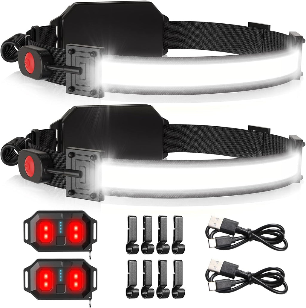 USB Rechargeable LED Headlamp, 1000 Lumens with 230° Wide Beam & Red Taillight, Waterproof Headlight for Camping, Hiking, Running & Hard Hat Use
