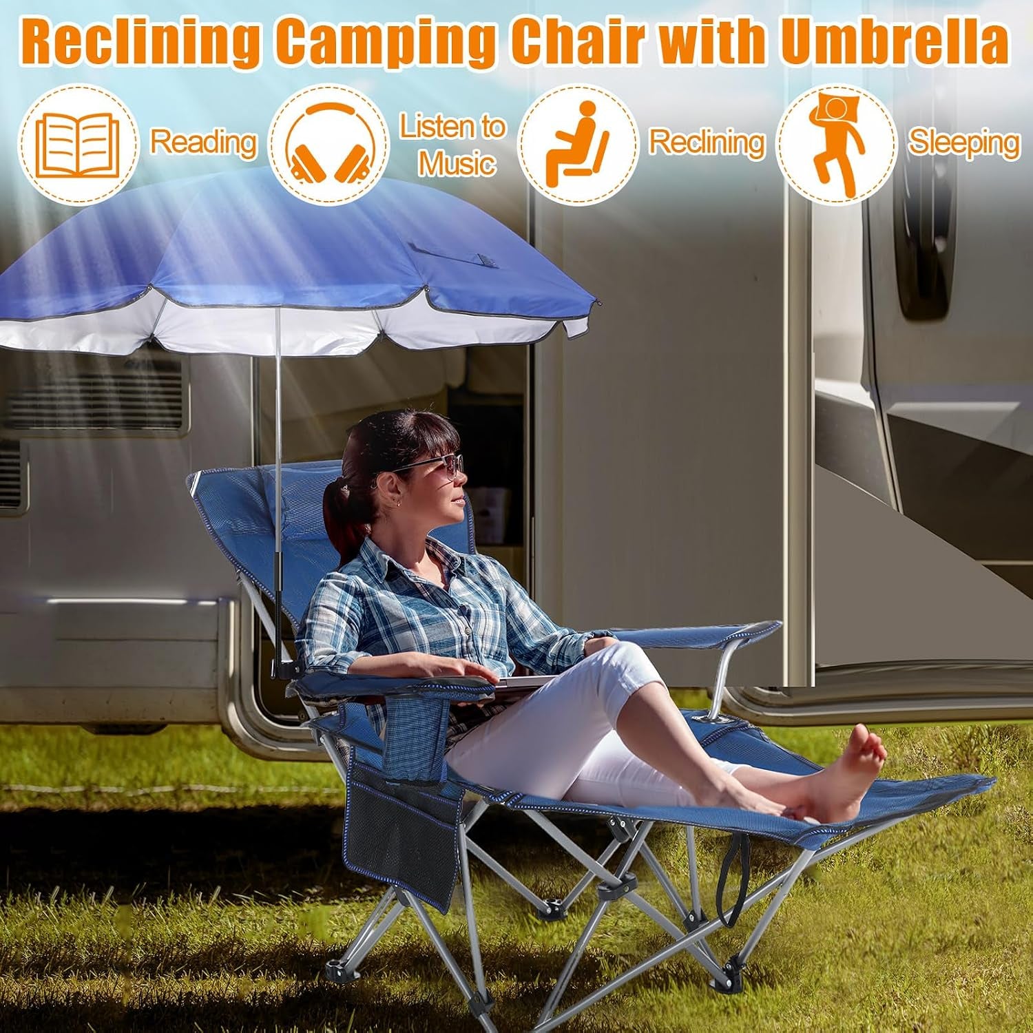 Reclining Beach Chair with Umbrella, Folding Camping Chair with Footrest & Adjustable Clamp-On Canopy, Portable Outdoor Chair for Beach, Fishing, Patio & Travel