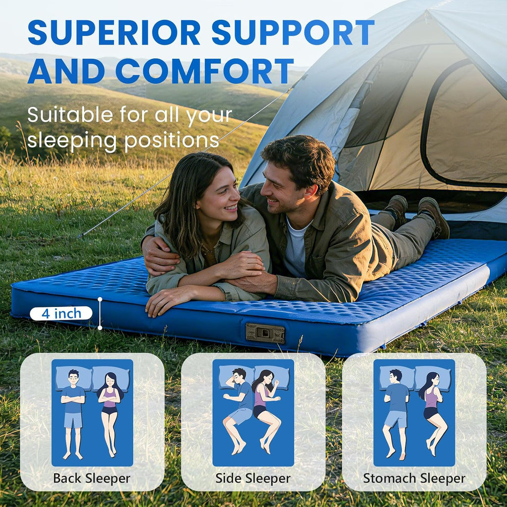 Self-Inflating Double Sleeping Pad with Electric Pump, 4-Inch Ultra-Thick Memory Foam Camping Mattress for 2 People, Full-Size Portable Inflatable Sleeping Pad for Camping, Travel & Tents – Blue