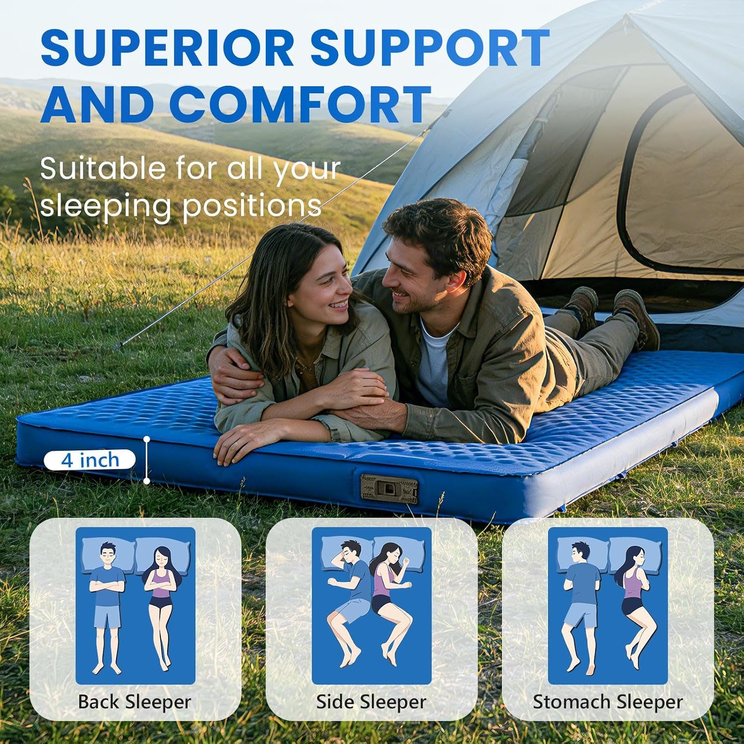 Self-Inflating Double Sleeping Pad with Electric Pump, 4-Inch Ultra-Thick Memory Foam Camping Mattress for 2 People, Full-Size Portable Inflatable Sleeping Pad for Camping, Travel & Tents – Blue