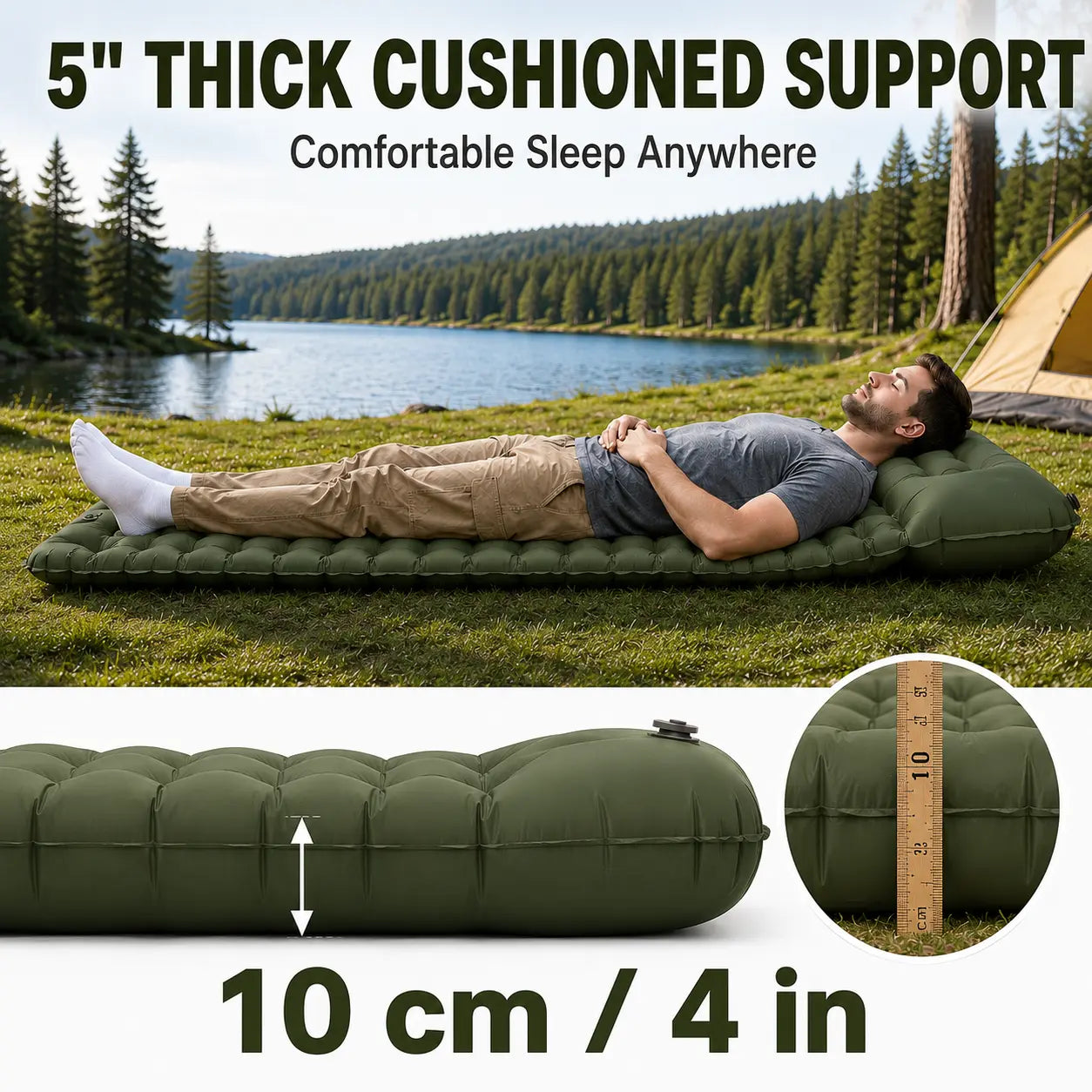3.9" Thick Inflatable Camping Sleeping Pad with Built-In Pillow & Pump, Waterproof TPU Air Mattress, Portable Sleeping Mat for Backpacking, Hiking & Travel