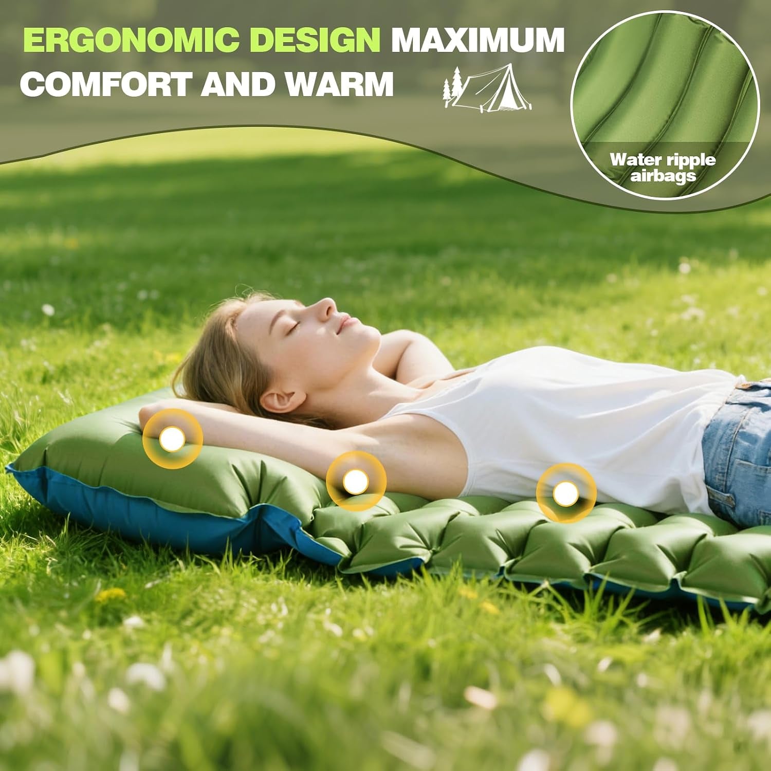 Ultralight Inflatable Sleeping Pad with Built-In Foot Pump & Pillow, Compact Camping Mat for Backpacking, Hiking, Travel & Tent Camping – Single, Green