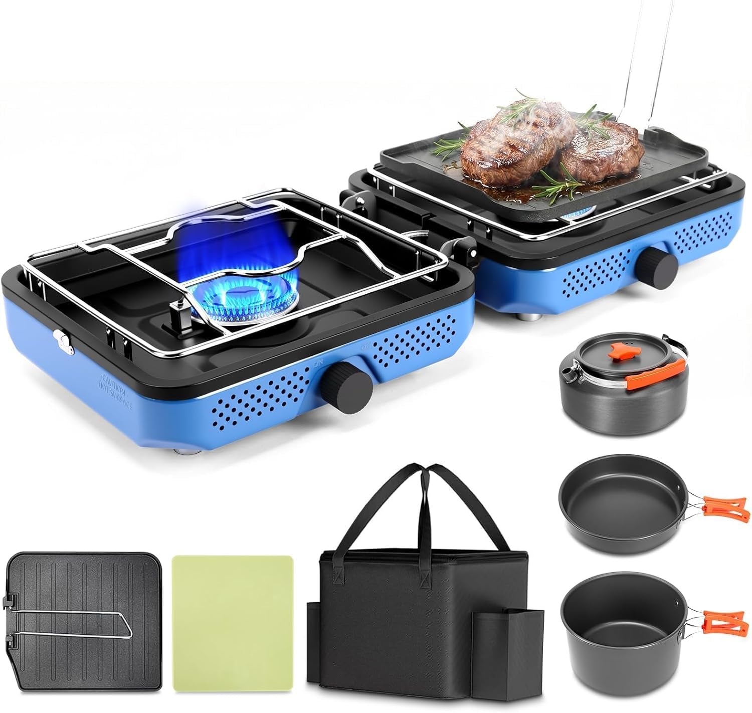 30,000 BTU 2-Burner Propane Camping Stove with Cookware Set & Carry Bag, Portable Foldable Gas Stove for Outdoor Cooking