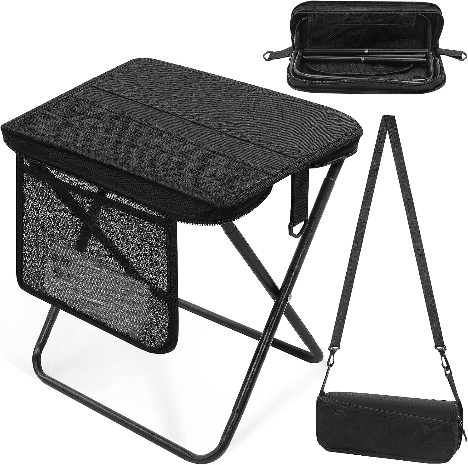 Portable Folding Camping Stool with Side Pocket, Lightweight Metal Frame, Tall Foldable Camping Chair for Adults, Compact Seat for Hiking, Fishing, Travel & Outdoor Use