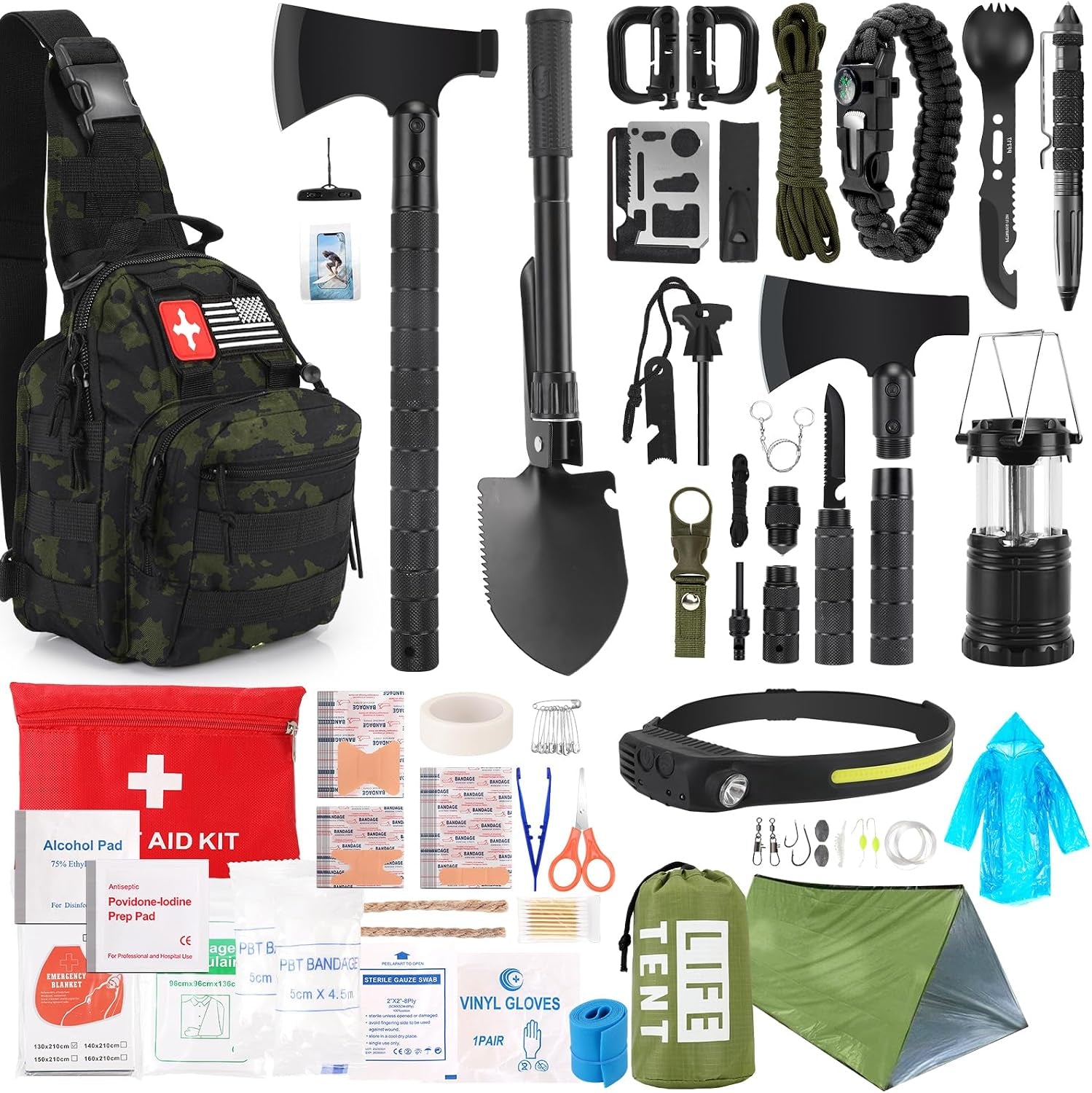 268-Piece Survival Kit, Emergency Survival Gear & First Aid Kit with Camping Tools, Headlamp & Crossbody Bag for Camping, Hiking & Hunting