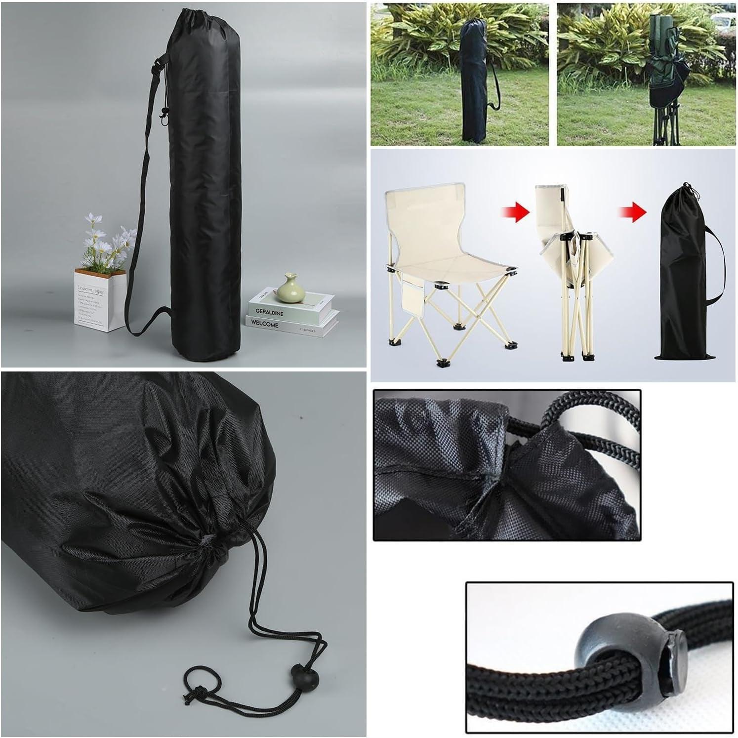 2 Pack Folding Camping Chair Carry Bags, Replacement Storage Bags with Handles, Drawstring Pouches for Portable Beach Chairs, Rocking & Folding Camp Chairs