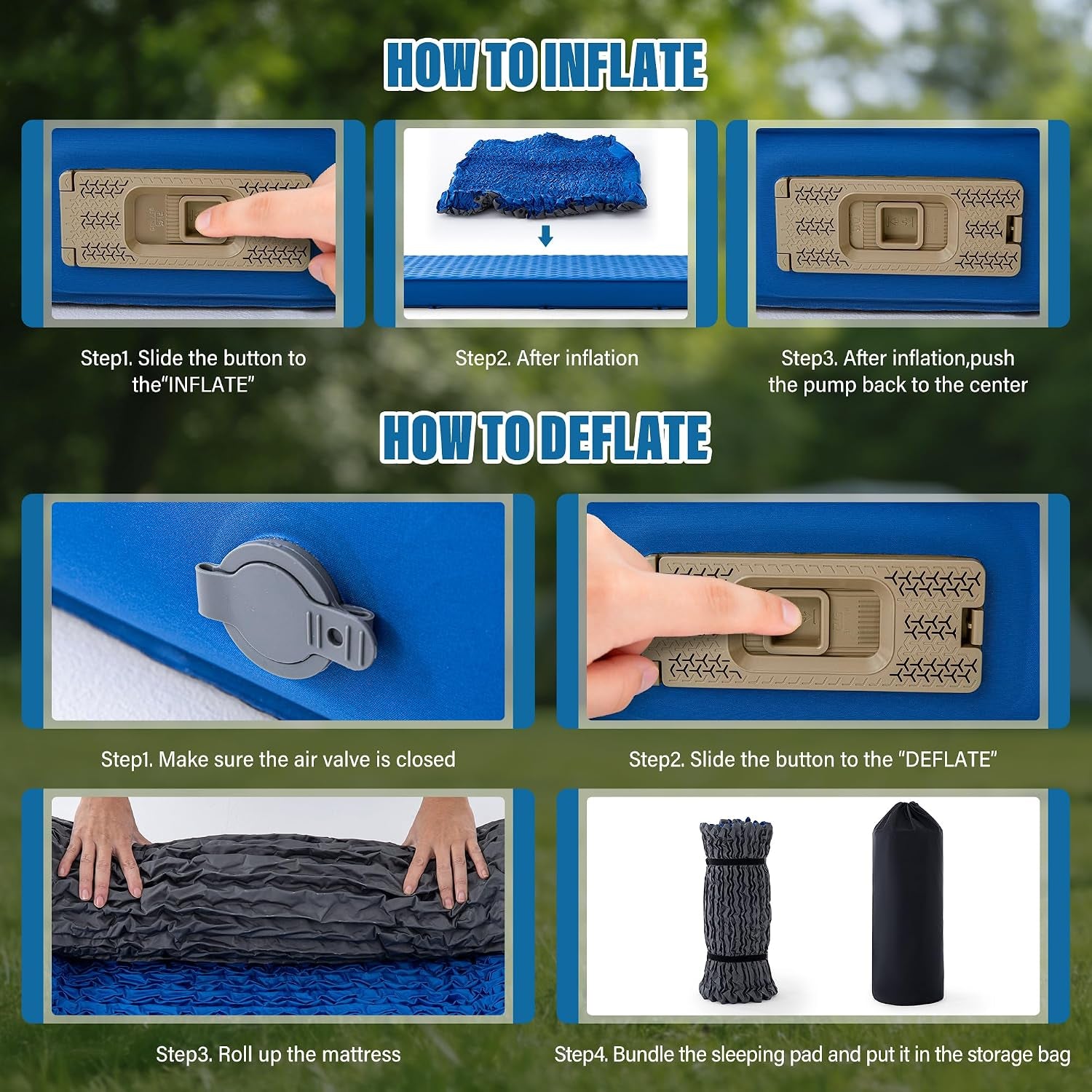 Self-Inflating Double Sleeping Pad with Electric Pump, 4-Inch Ultra-Thick Memory Foam Camping Mattress for 2 People, Full-Size Portable Inflatable Sleeping Pad for Camping, Travel & Tents – Blue