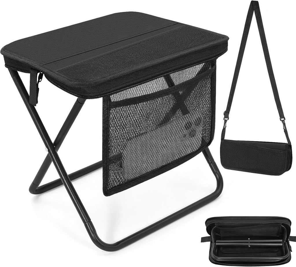 1-Portable Folding Camping Stool with Side Pocket, Lightweight Metal Frame, Tall Foldable Camping Chair for Adults, Compact Seat for Hiking, Fishing, Travel & Outdoor Use