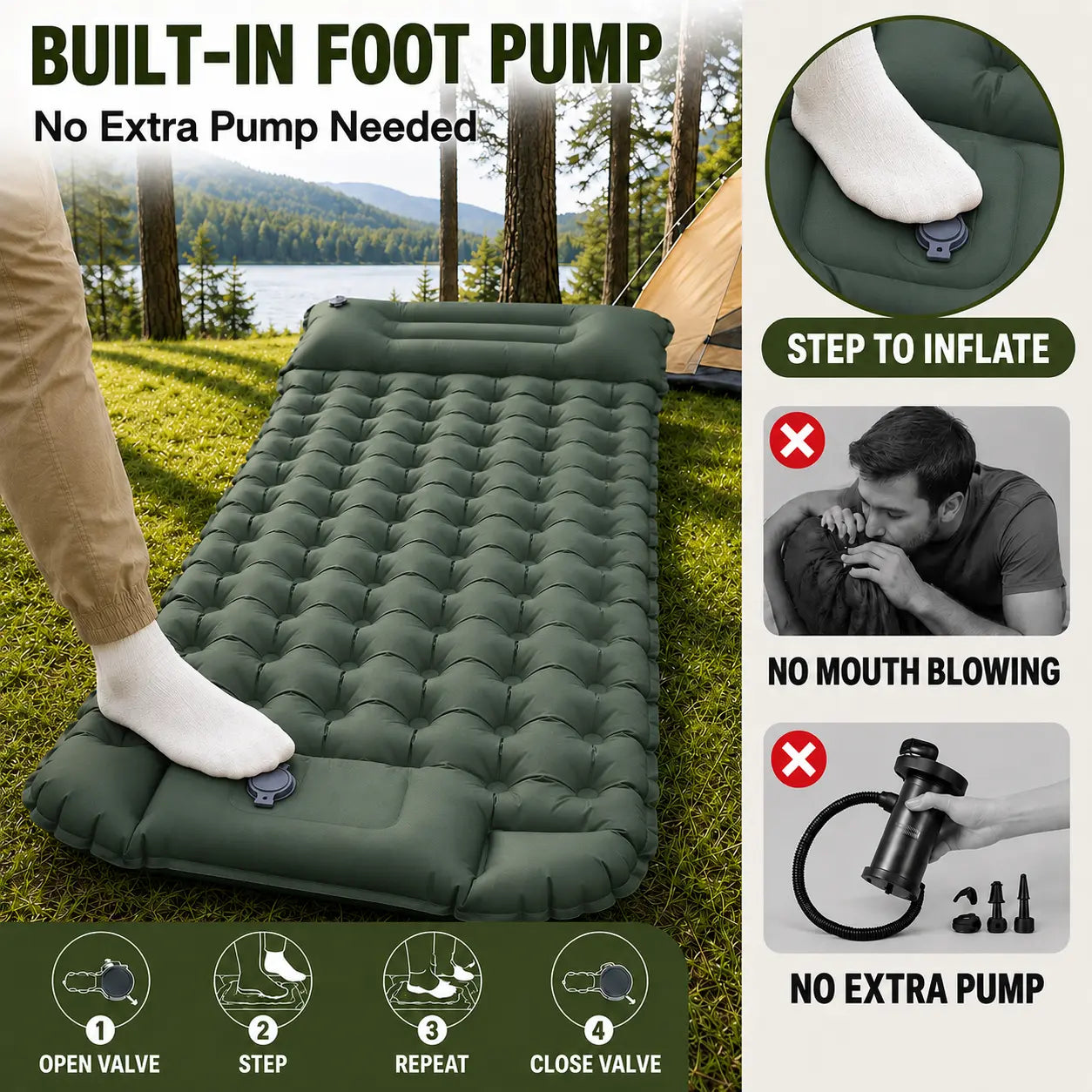 3.9" Thick Inflatable Camping Sleeping Pad with Built-In Pillow & Pump, Waterproof TPU Air Mattress, Portable Sleeping Mat for Backpacking, Hiking & Travel