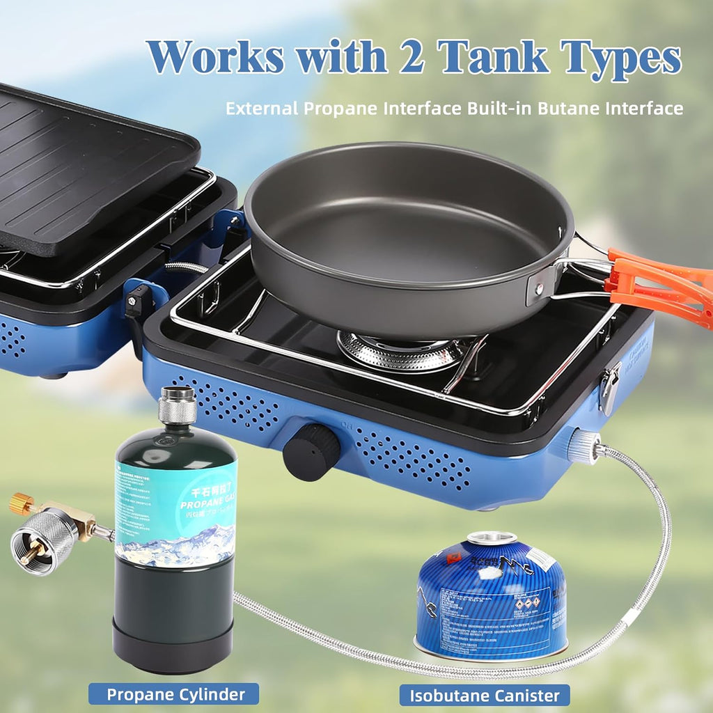 30,000 BTU 2-Burner Propane Camping Stove with Cookware Set & Carry Bag, Portable Foldable Gas Stove for Outdoor Cooking