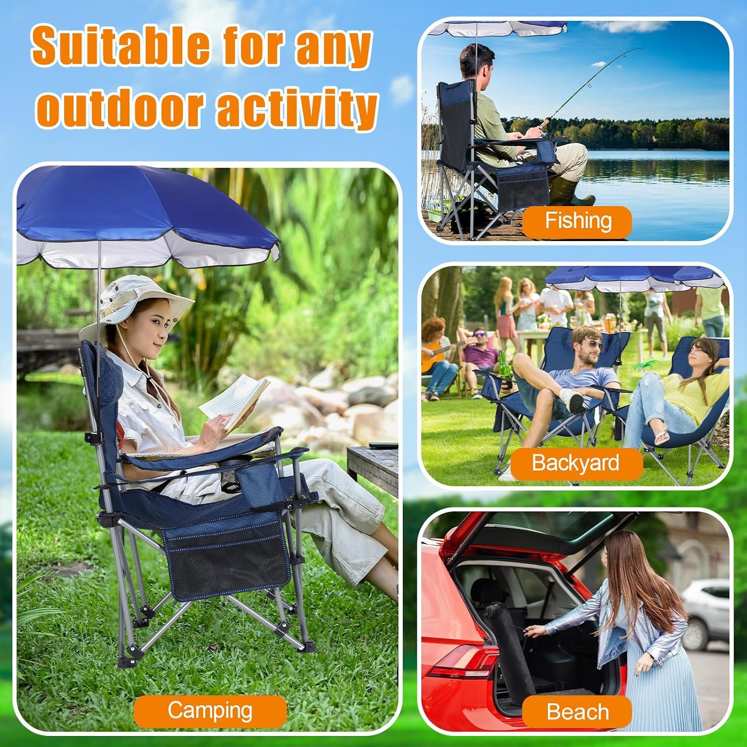 Reclining Beach Chair with Umbrella, Folding Camping Chair with Footrest & Adjustable Clamp-On Canopy, Portable Outdoor Chair for Beach, Fishing, Patio & Travel
