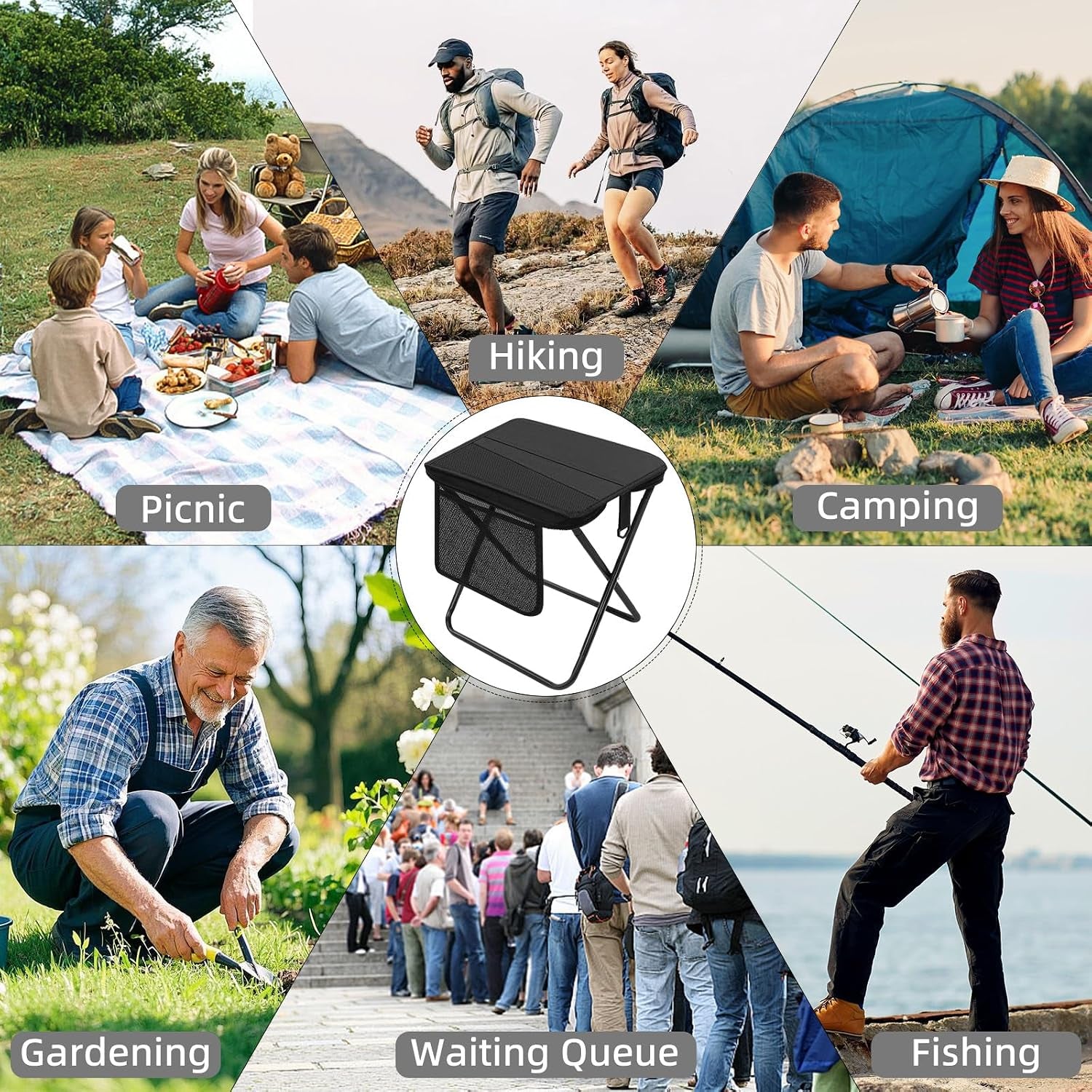 Portable Folding Camping Stool with Side Pocket, Lightweight Metal Frame, Tall Foldable Camping Chair for Adults, Compact Seat for Hiking, Fishing, Travel & Outdoor Use