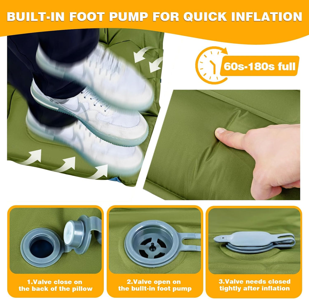 Ultralight Inflatable Sleeping Pad with Built-In Foot Pump & Pillow, Compact Camping Mat for Backpacking, Hiking, Travel & Tent Camping – Single, Green
