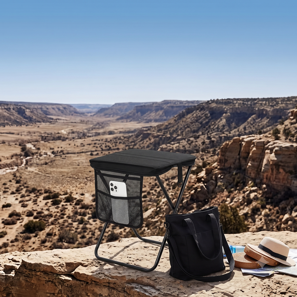 Portable Folding Camping Stool with Side Pocket, Lightweight Metal Frame, Tall Foldable Camping Chair for Adults, Compact Seat for Hiking, Fishing, Travel & Outdoor Use