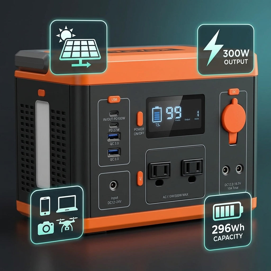 296Wh Portable Power Station, 300W Solar Generator with Lithium Battery, Portable Power Supply for Camping, Travel, Outdoor & Emergency Backup