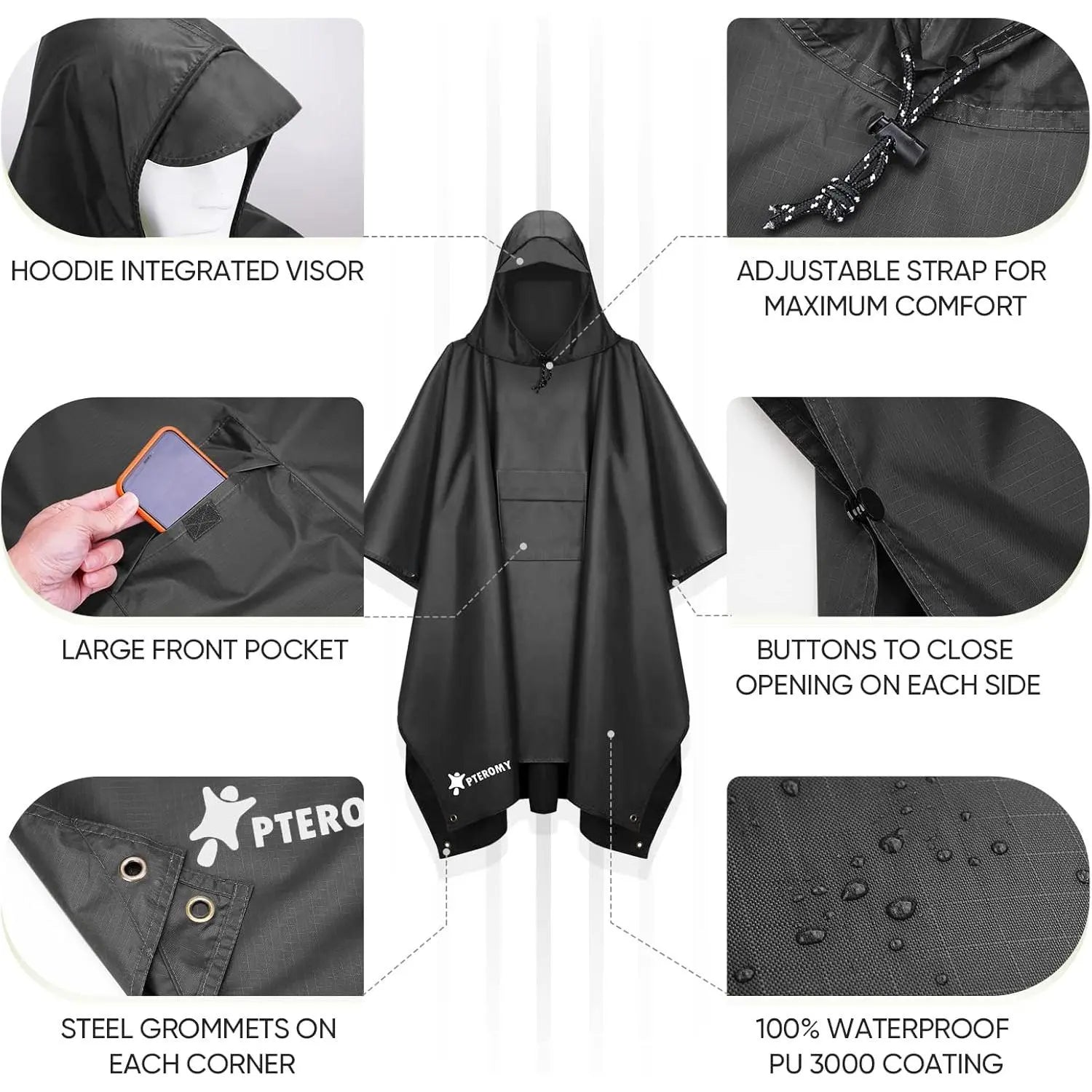 Waterproof Hooded Rain Poncho with Pocket, Lightweight Packable Raincoat for Adults, Unisex Hiking & Camping Rain Gear, Outdoor Emergency Poncho
