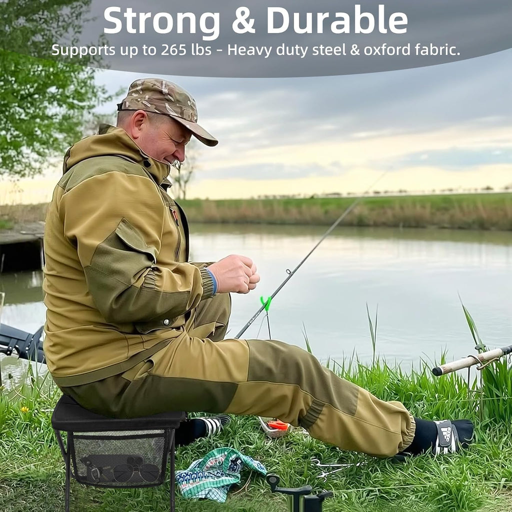 Portable Folding Camping Stool with Side Pocket, Lightweight Metal Frame, Tall Foldable Camping Chair for Adults, Compact Seat for Hiking, Fishing, Travel & Outdoor Use