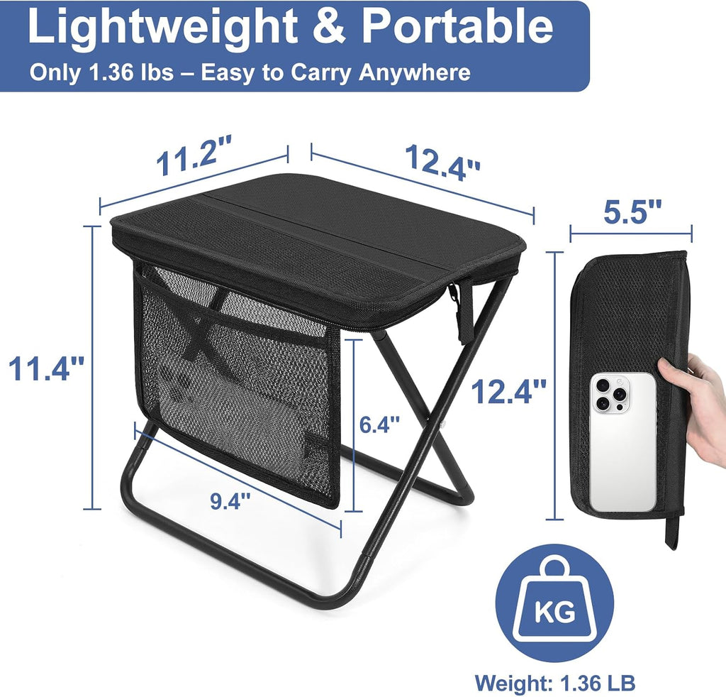 1-Portable Folding Camping Stool with Side Pocket, Lightweight Metal Frame, Tall Foldable Camping Chair for Adults, Compact Seat for Hiking, Fishing, Travel & Outdoor Use