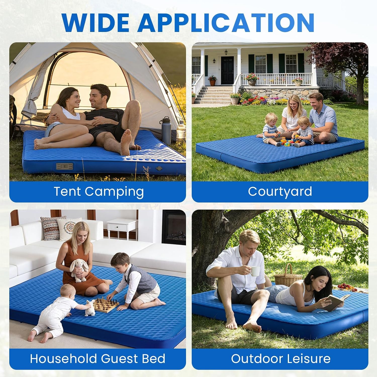 Self-Inflating Double Sleeping Pad with Electric Pump, 4-Inch Ultra-Thick Memory Foam Camping Mattress for 2 People, Full-Size Portable Inflatable Sleeping Pad for Camping, Travel & Tents – Blue