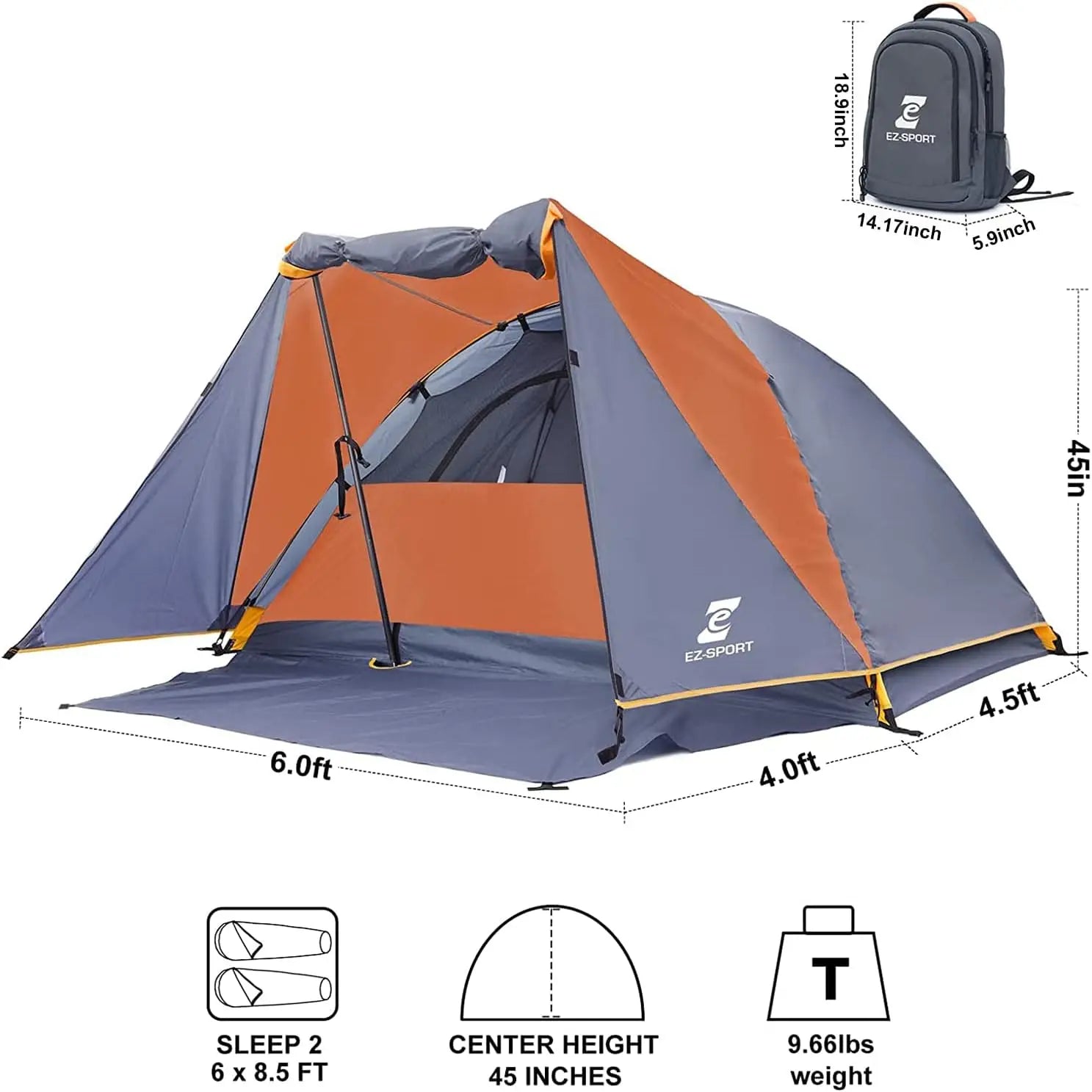 2 Person Camping Tent with Aluminum Poles & Bike Shed, Waterproof Dome Tent with Rainfly, Portable Lightweight Tent for Hiking, Backpacking & Outdoor Adventures