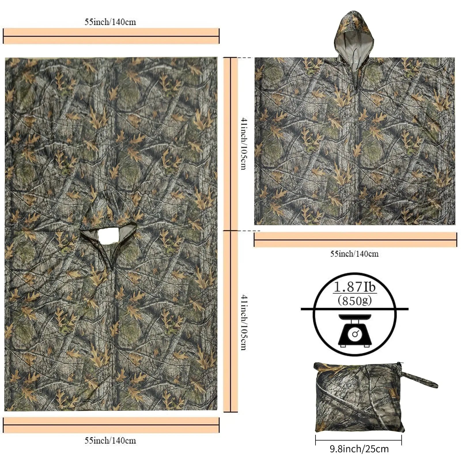 LOOGU Rain Poncho, Waterproof Camouflage Rain Coat Outdoor Camo Shelter Ground Sheet