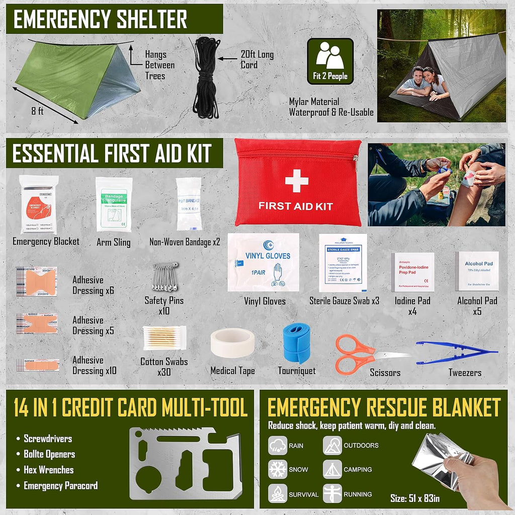 268-Piece Survival Kit, Emergency Survival Gear & First Aid Kit with Camping Tools, Headlamp & Crossbody Bag for Camping, Hiking & Hunting