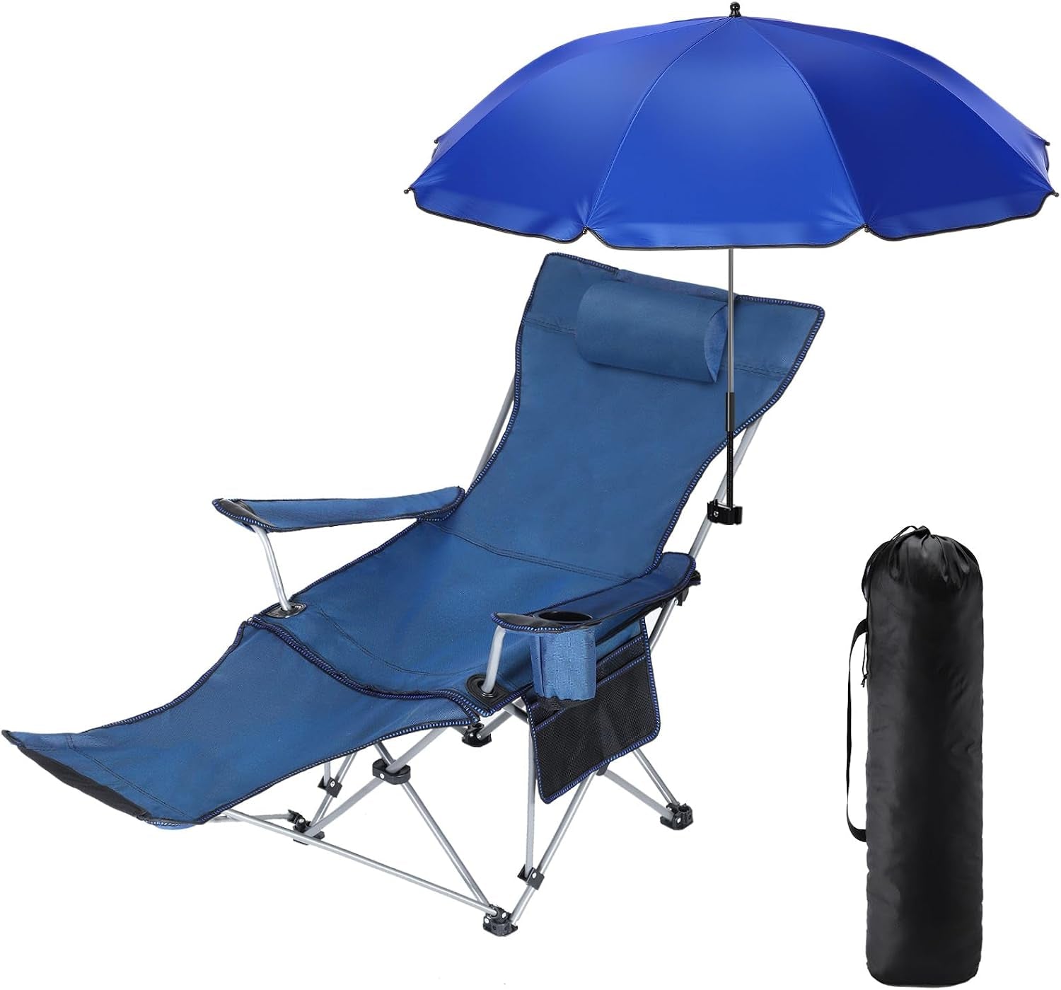 Reclining Beach Chair with Umbrella, Folding Camping Chair with Footrest & Adjustable Clamp-On Canopy, Portable Outdoor Chair for Beach, Fishing, Patio & Travel