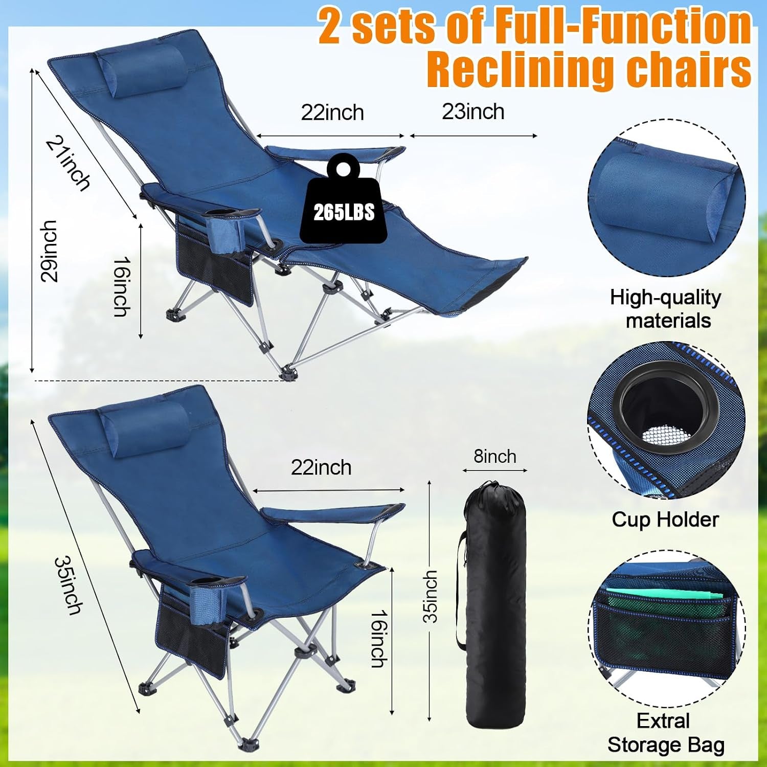 Reclining Beach Chair with Umbrella, Folding Camping Chair with Footrest & Adjustable Clamp-On Canopy, Portable Outdoor Chair for Beach, Fishing, Patio & Travel