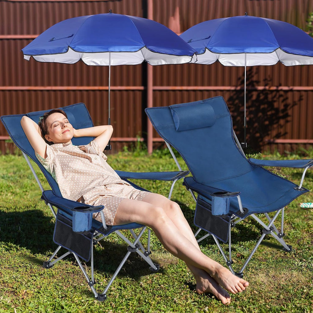 Reclining Beach Chair with Umbrella, Folding Camping Chair with Footrest & Adjustable Clamp-On Canopy, Portable Outdoor Chair for Beach, Fishing, Patio & Travel