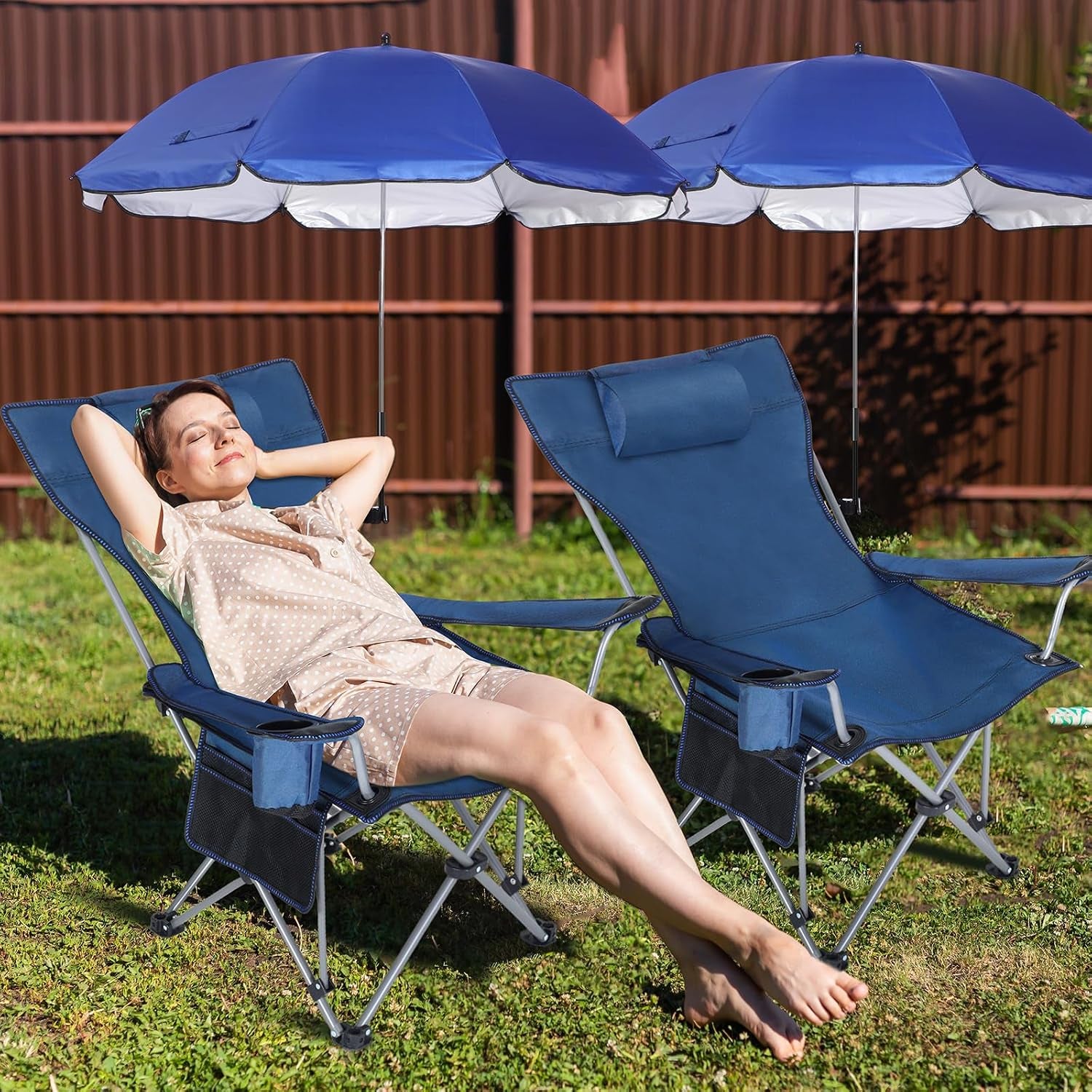 Reclining Beach Chair with Umbrella, Folding Camping Chair with Footrest & Adjustable Clamp-On Canopy, Portable Outdoor Chair for Beach, Fishing, Patio & Travel