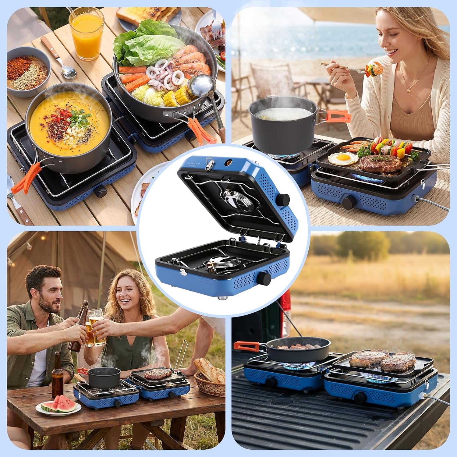 30,000 BTU 2-Burner Propane Camping Stove with Cookware Set & Carry Bag, Portable Foldable Gas Stove for Outdoor Cooking