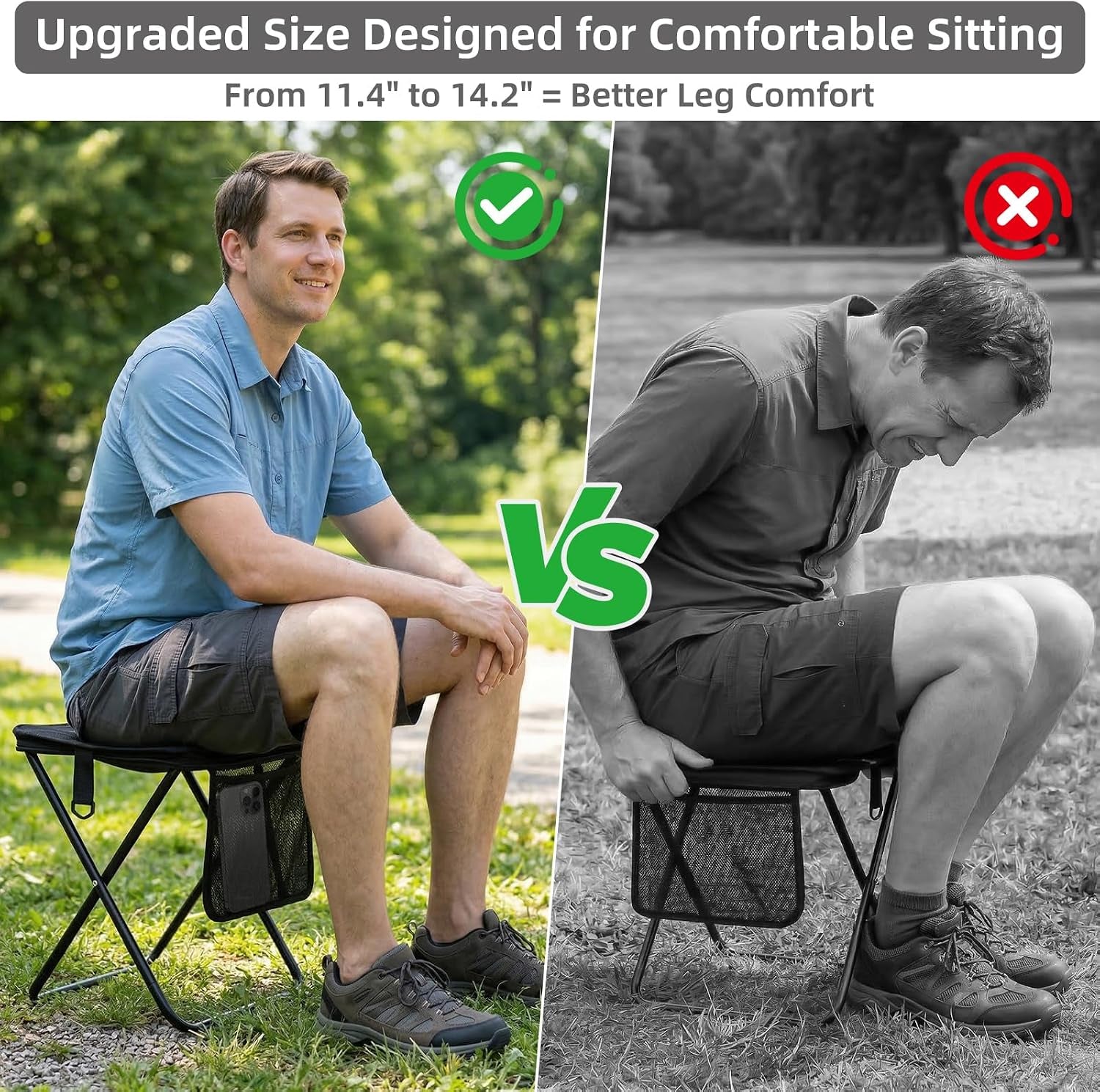 Portable Folding Camping Stool with Side Pocket, Lightweight Metal Frame, Tall Foldable Camping Chair for Adults, Compact Seat for Hiking, Fishing, Travel & Outdoor Use