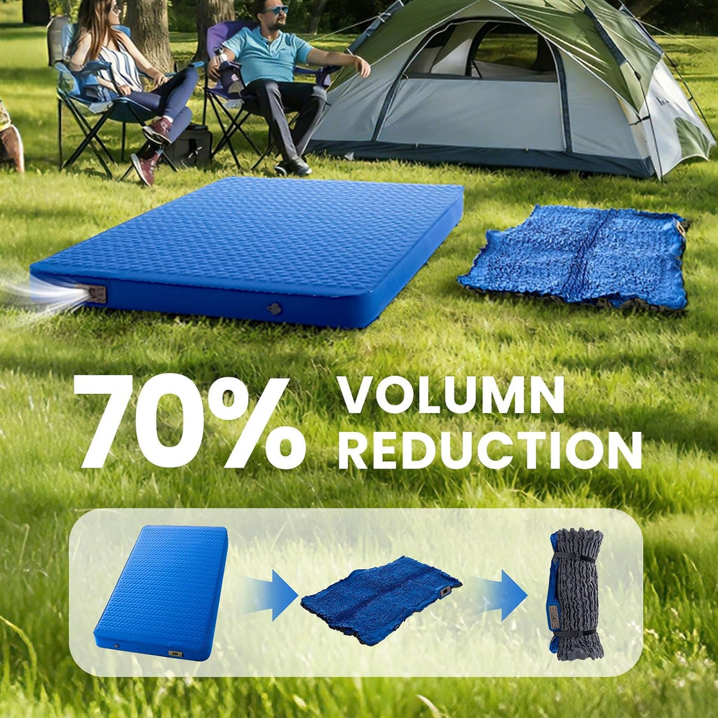 Self-Inflating Double Sleeping Pad with Electric Pump, 4-Inch Ultra-Thick Memory Foam Camping Mattress for 2 People, Full-Size Portable Inflatable Sleeping Pad for Camping, Travel & Tents – Blue