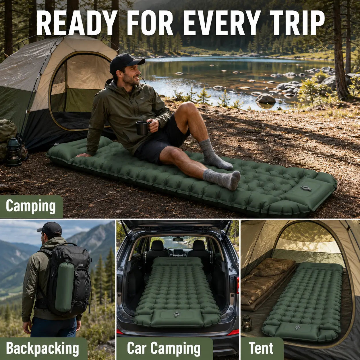 3.9" Thick Inflatable Camping Sleeping Pad with Built-In Pillow & Pump, Waterproof TPU Air Mattress, Portable Sleeping Mat for Backpacking, Hiking & Travel