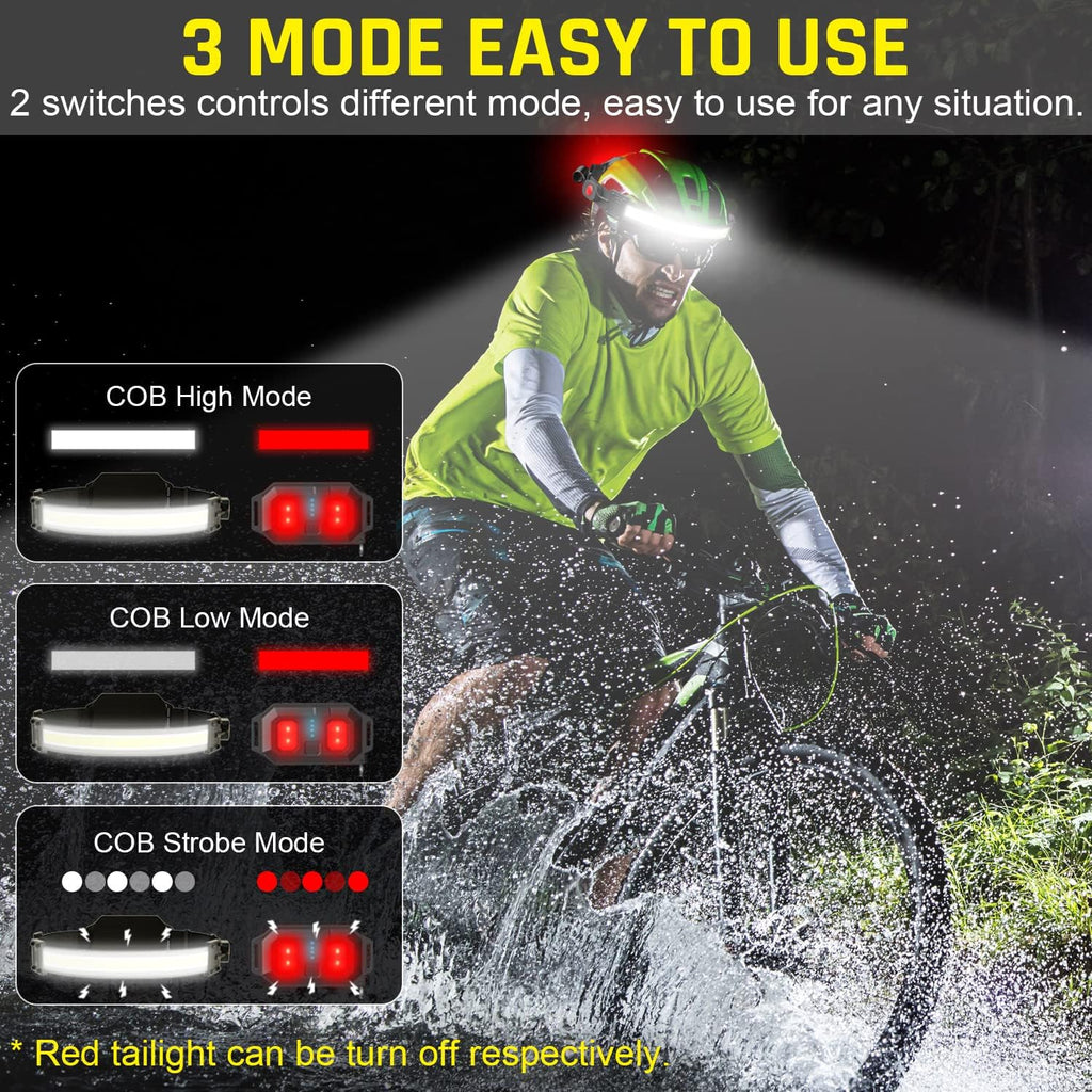USB Rechargeable LED Headlamp, 1000 Lumens with 230° Wide Beam & Red Taillight, Waterproof Headlight for Camping, Hiking, Running & Hard Hat Use