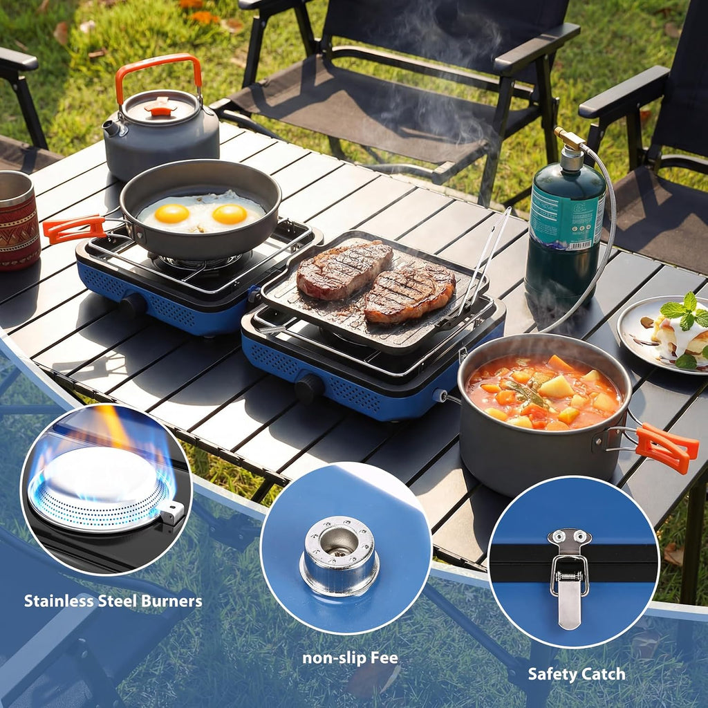30,000 BTU 2-Burner Propane Camping Stove with Cookware Set & Carry Bag, Portable Foldable Gas Stove for Outdoor Cooking