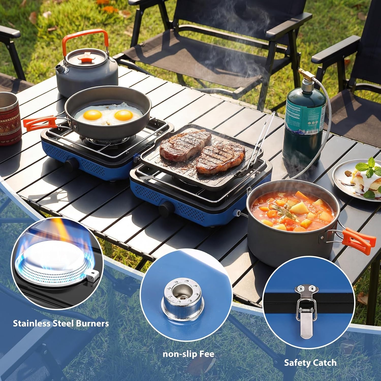 30,000 BTU 2-Burner Propane Camping Stove with Cookware Set & Carry Bag, Portable Foldable Gas Stove for Outdoor Cooking