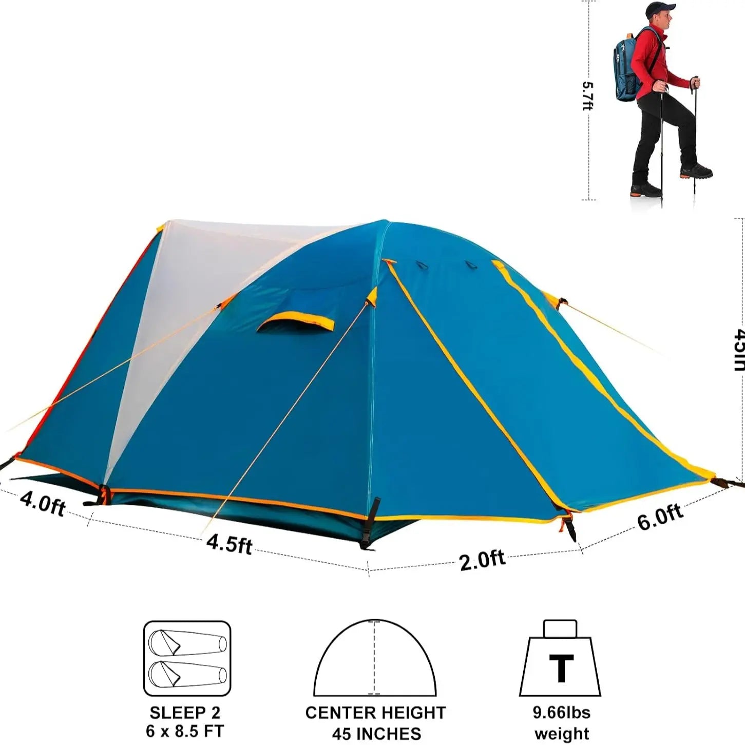2 Person Camping Tent with Aluminum Poles & Bike Shed, Waterproof Dome Tent with Rainfly, Portable Lightweight Tent for Hiking, Backpacking & Outdoor Adventures