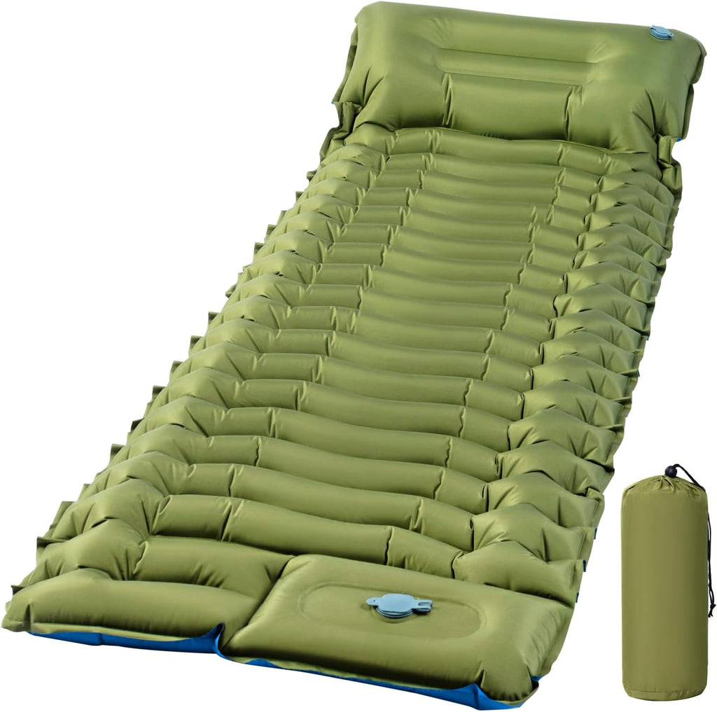 Ultralight Inflatable Sleeping Pad with Built-In Foot Pump & Pillow, Compact Camping Mat for Backpacking, Hiking, Travel & Tent Camping – Single, Green