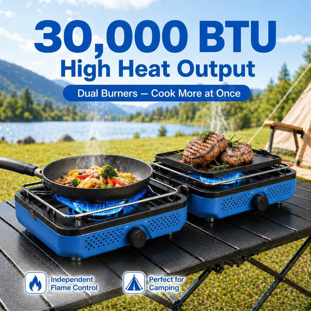 30,000 BTU 2-Burner Propane Camping Stove with Cookware Set & Carry Bag, Portable Foldable Gas Stove for Outdoor Cooking