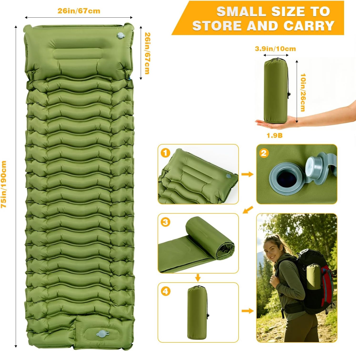 Ultralight Inflatable Sleeping Pad with Built-In Foot Pump & Pillow, Compact Camping Mat for Backpacking, Hiking, Travel & Tent Camping – Single, Green