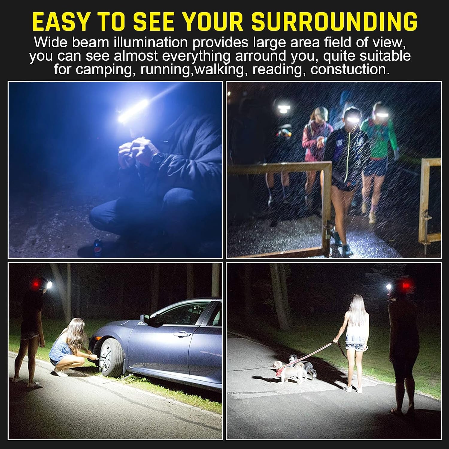 USB Rechargeable LED Headlamp, 1000 Lumens with 230° Wide Beam & Red Taillight, Waterproof Headlight for Camping, Hiking, Running & Hard Hat Use