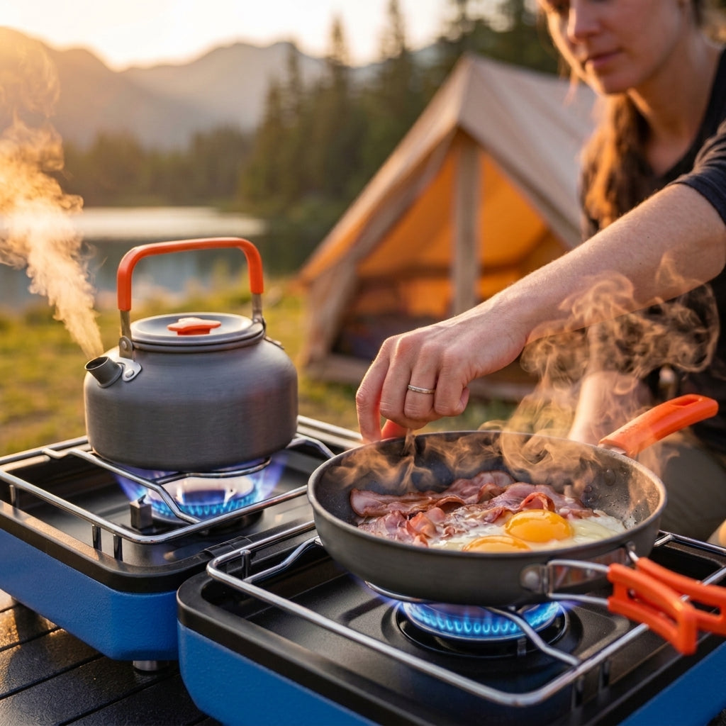 30,000 BTU 2-Burner Propane Camping Stove with Cookware Set & Carry Bag, Portable Foldable Gas Stove for Outdoor Cooking